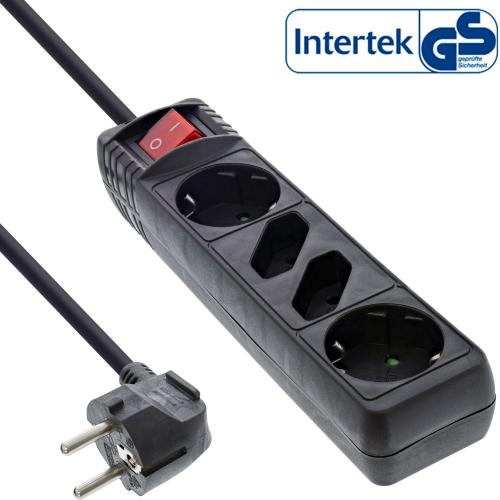 InLine® Steckdosenleiste 4-fach 2x Schutzkontakt + 2x Euro mit Schalter 3m schwarz